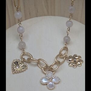 Goldtone Charm Statement Necklace: Heart, Clover & Genuine Quartz 16-20 Inches